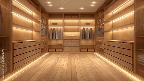 Lighted walk-in wardrobe closet that is empty