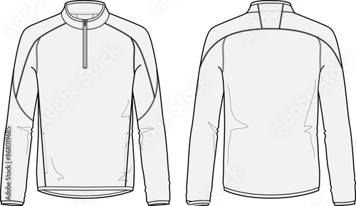 Half-Zip Longsleeve Sport Shirt design vector flat sketch fashion illustration CAD template front and back views
