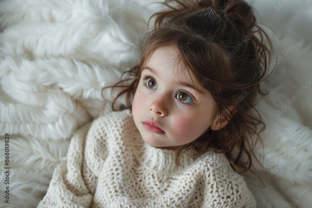 Young Girl With Big Brown Eyes and Soft Expression Against White Blanket Young Girl With Big Brown Eyes and Soft Expression Against White Blanket