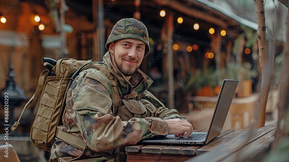 Fototapeta premium A content soldier with a laptop. armed forces duty