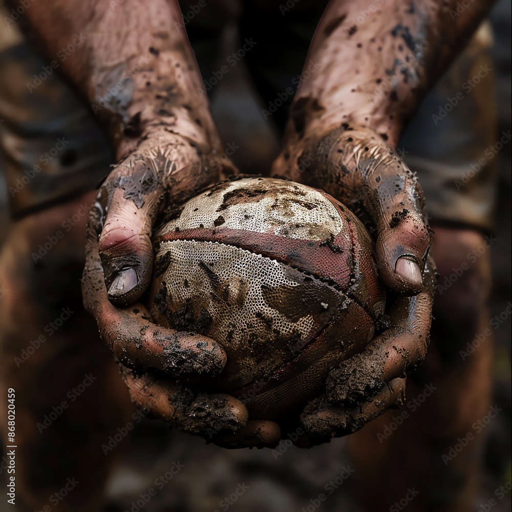 Rugby ball being caught, muddy hands, overcast day, gritty texture, close-up, intense and raw Rugby ball being caught, muddy hands, overcast day, gritty texture, close-up, intense and raw
