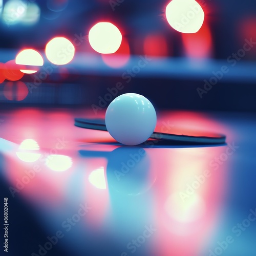 Ping pong ball mid-spin, paddle in frame, indoor table, bright lights, close-up, fast and precise