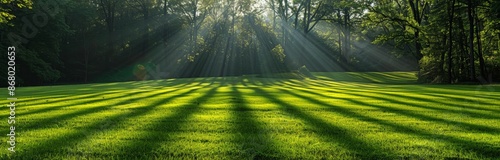 Sunbeams Streaking Through Trees Onto Lush Green Grass in a Forest Clearing