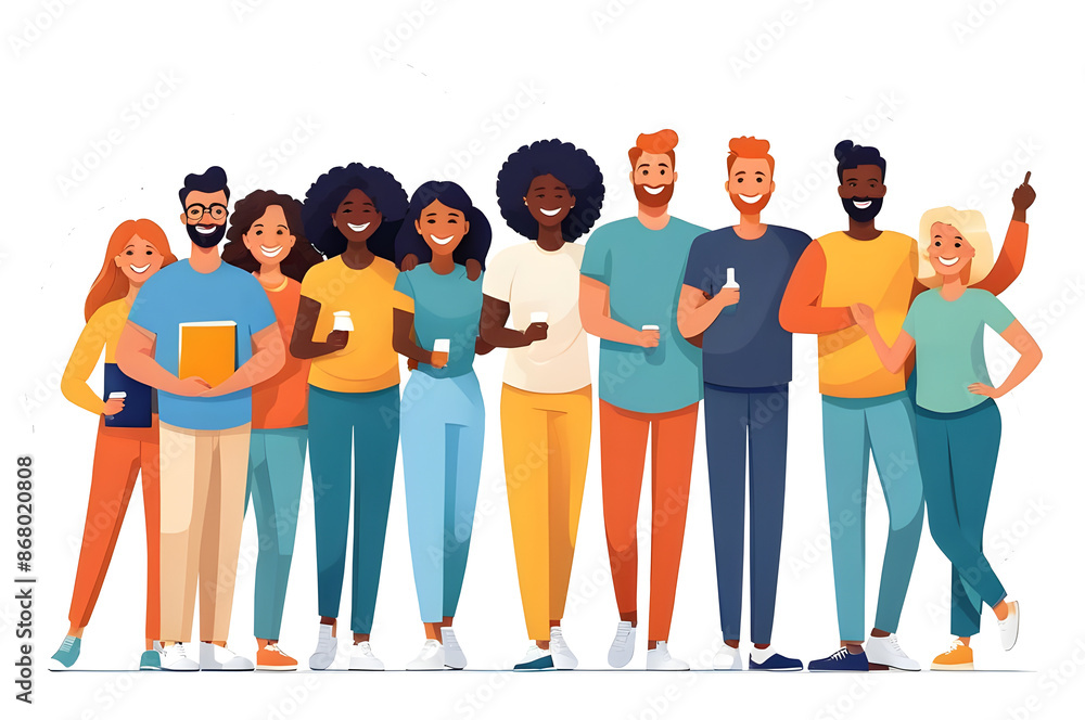 Fototapeta premium Inclusive group of motivated people in a vector-style illustration, isolated on a transparent background. Ideal for diversity, teamwork, and motivational projects, enhancing presentations and designs.