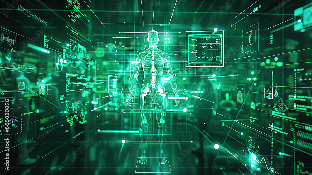 A digital human figure surrounded by glowing green data visualizations and holographic graphs A digital human figure surrounded by glowing green data visualizations and holographic graphs