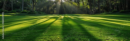 Sunbeams Streaking Through Trees Onto Lush Green Grass in a Forest Clearing