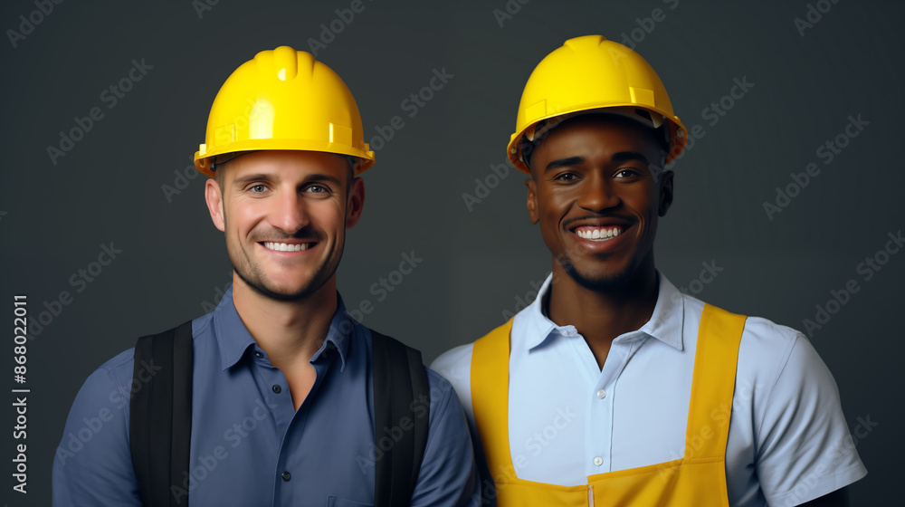 Two millennial male civil engineers on a project site, looking at the camera and smiling, confident and professional headshot portrait on a solid colored background Two millennial male civil engineers on a project site, looking at the camera and smiling, confident and professional headshot portrait on a solid colored background