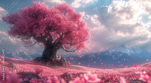 Pink Cherry Blossom Tree In A Mountain Meadow