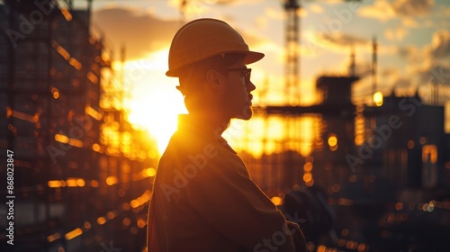 Business engineers in silhouette, searching for blueprints through blurry construction sites at sunset.