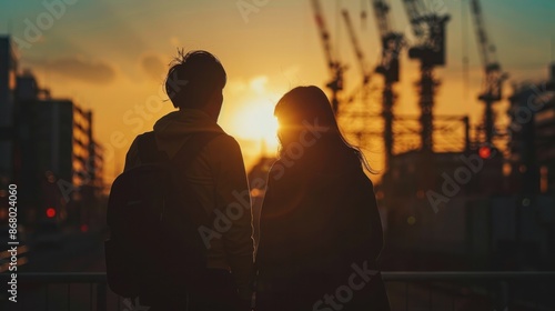 Business engineers in silhouette, searching for blueprints through blurry construction sites at sunset.