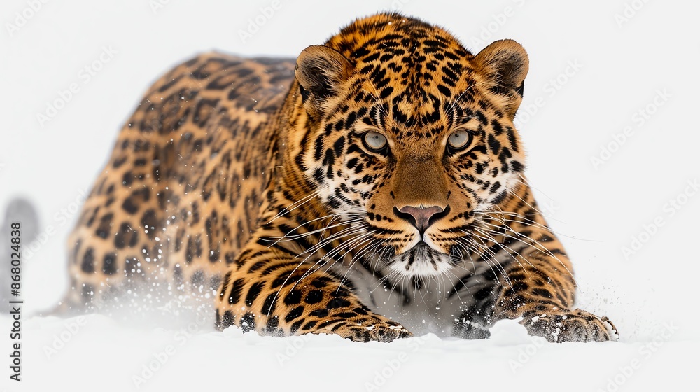 Crouching Leopard A leopard ready to pounce with a clean white backdrop Crouching Leopard A leopard ready to pounce with a clean white backdrop