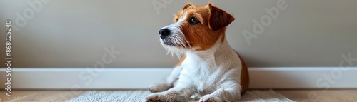 Sitting Dog A well-behaved dog sitting on a white surface