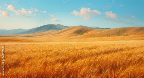 Expansive Golden Wheat Field Under a Blue Sky With White Clouds in a Rural La...