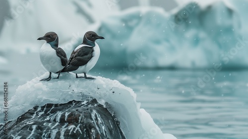 A pair of common murres perched on an icy rock with a frozen sea behind them. photo