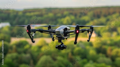 Closeup of a remotely controlled black drone with camera flying over a green forest. Modern technology device in action