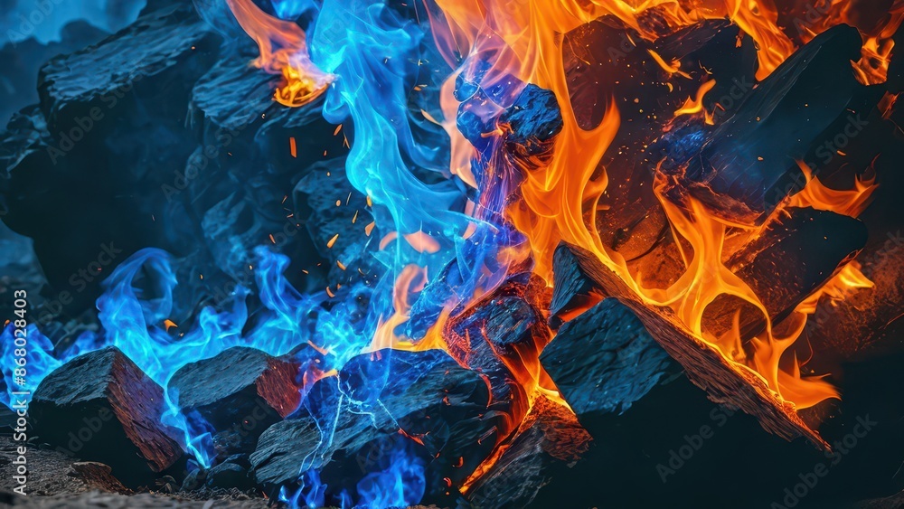 Fototapeta premium Blue and Orange Flames on Burning Wood.