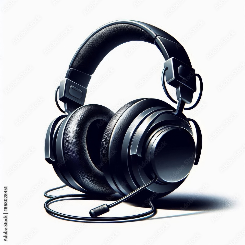 Illustration of large black headphones that cover the ears, isolated on a white background Illustration of large black headphones that cover the ears, isolated on a white background