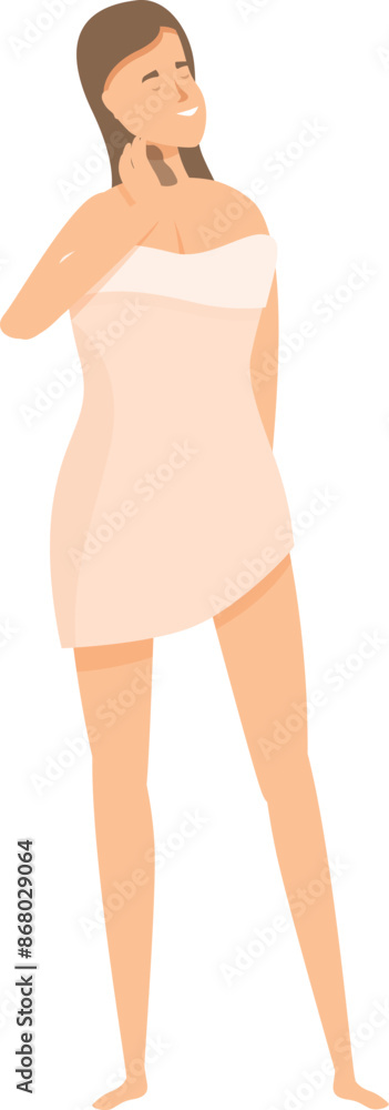 Young woman is standing and touching her hair after taking a shower Young woman is standing and touching her hair after taking a shower