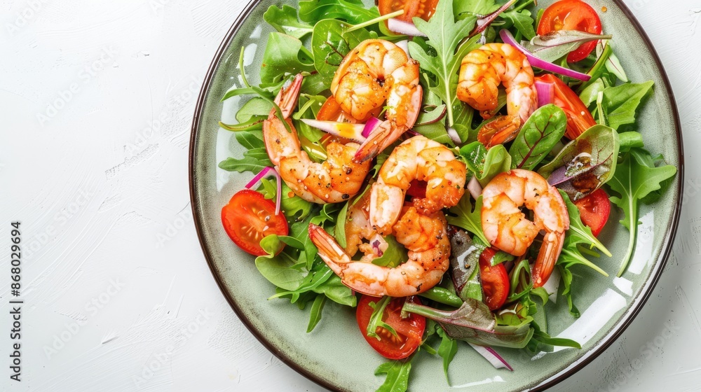 Shrimp salad on white background with copy space. Healthy seafood with prawns on green plate, top view Shrimp salad on white background with copy space. Healthy seafood with prawns on green plate, top view