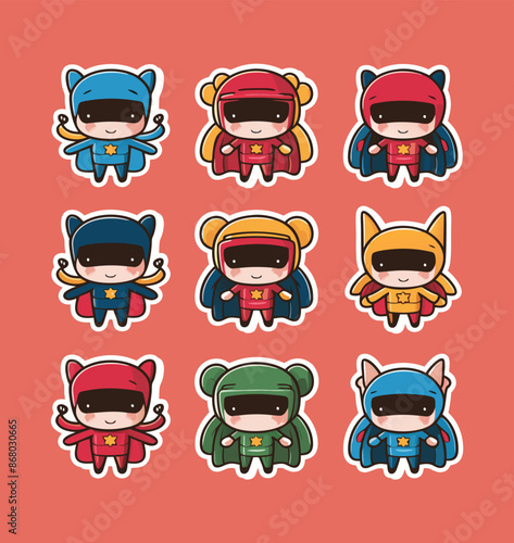 Kawaii superheroes printable stickers clipart vector illustration set