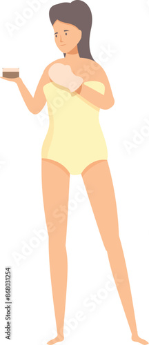 Woman in swimsuit holding a jar of cream and a sponge, applying body lotion after shower