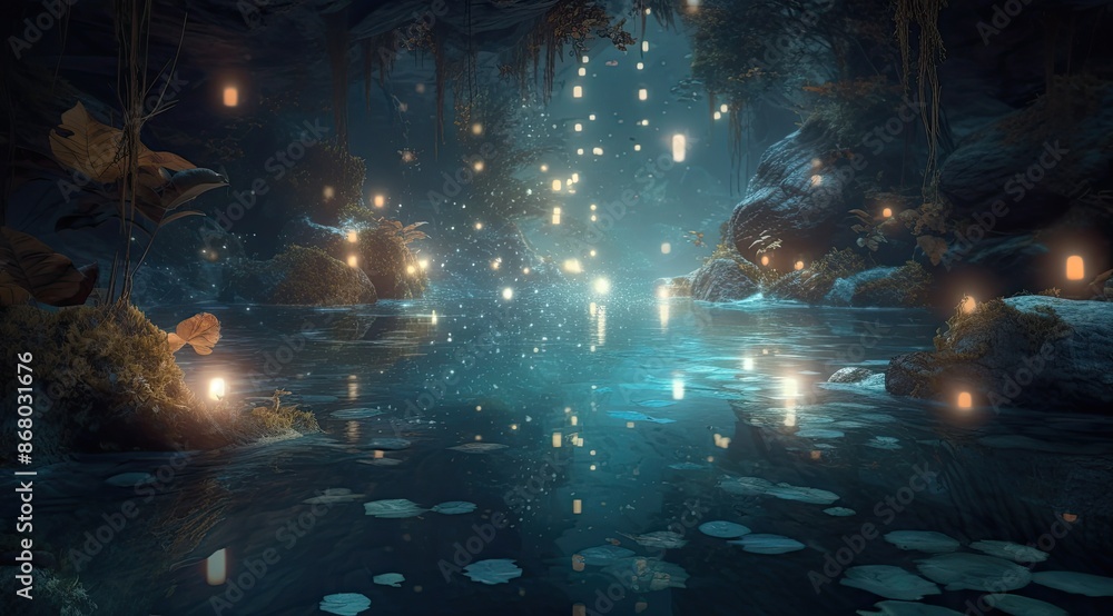 Beautiful landscape with moon, star, river, sky and trees fantasy background generated AI Beautiful landscape with moon, star, river, sky and trees fantasy background generated AI