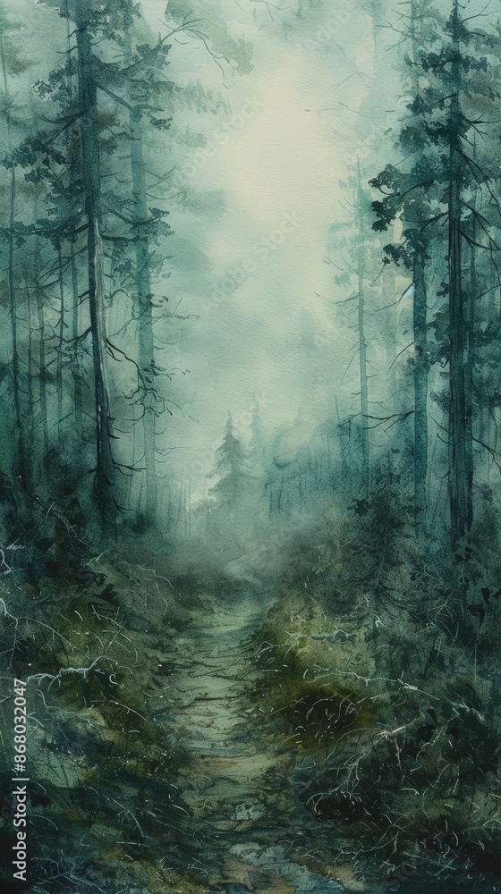 Obraz premium Watercolor painting of a foggy winter pine forest. Mistry morning in the forest. Use for phone wallpapers, posters, postcards, brochures