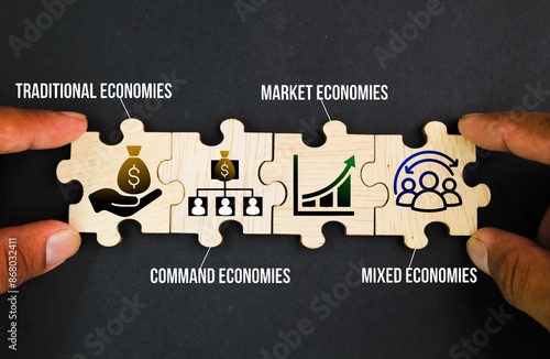 wooden puzzle with icons and words traditional economies, command economies, market economies, and mixed economies. What are 4 types of economic systems? photo