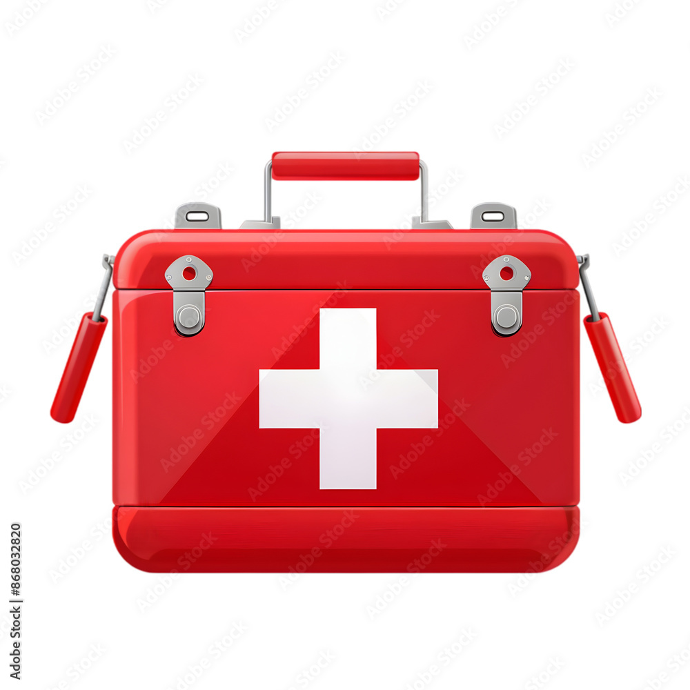 Obraz premium Red first aid kit with white cross, isolated on white background. Perfect for emergency, healthcare, and medical supply concepts.