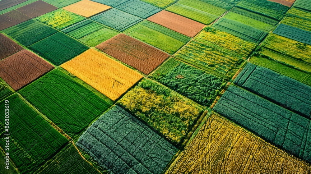 Aerial view of agricultural fields in geometric patterns, illustrating human impact on nature, close up, farmland artistry, vibrant, composite, rural backdrop Aerial view of agricultural fields in geometric patterns, illustrating human impact on nature, close up, farmland artistry, vibrant, composite, rural backdrop