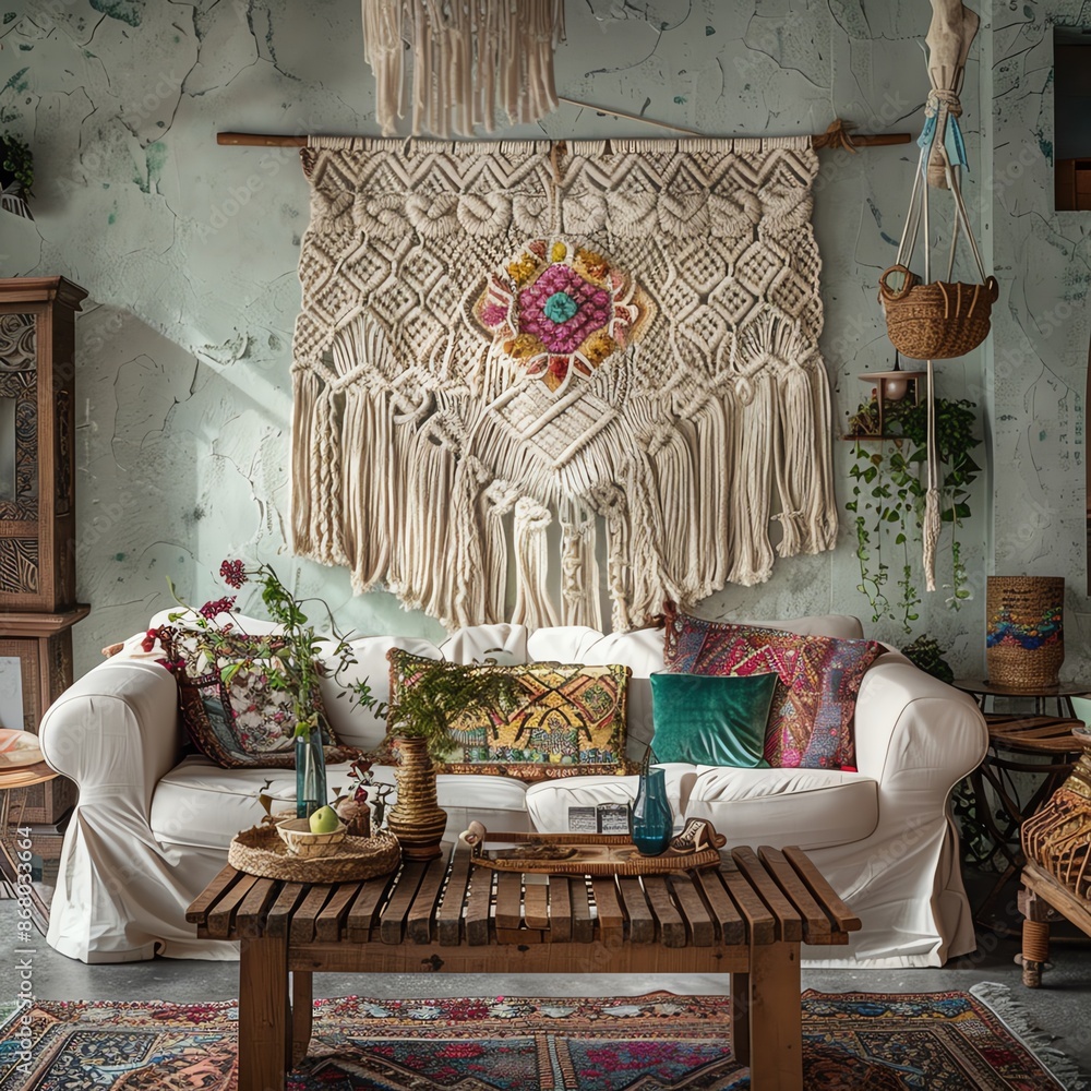 Obraz premium A detailed feature in a home decor magazine showcasing an intricate macrame wall hanging as the centerpiece in a bohemian-style living room