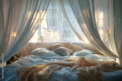 Cozy bedroom with a canopy bed draped in sheer curtains, capturing romance and elegance, close up, dreamy sanctuary, whimsical, blend mode, soft lighting backdrop