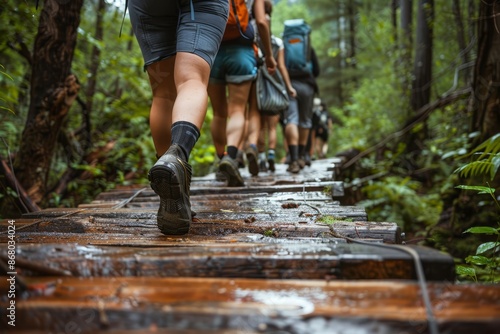 Group of hikers crossing a wooden bridge, conveying teamwork and camaraderie, close up, forest adventure, dynamic, fusion, lush forest backdrop