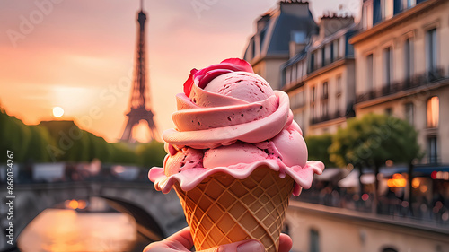 gorgeous artisanal ice cream cornet in Paris, sunset, ice cream like a rose petal photo