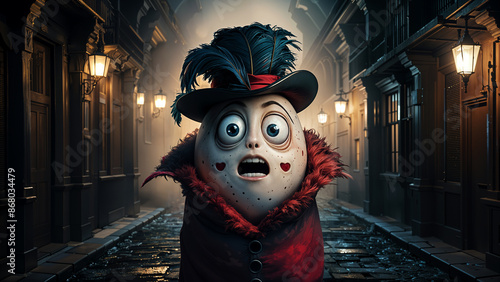 Anthropomorphic Madam egg looks terrified and scared when she realizes she is alone in a dark dangerous foggy old Victorian street late at night, she wears red coat and black ostrich feather hat. photo