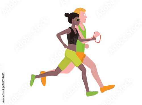 視覚障害者がマラソン大会を走っているイラストです。ガイドランナーが一緒に走っています。