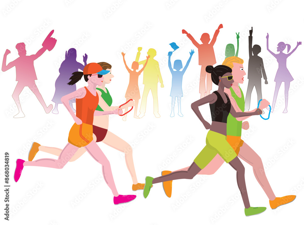 視覚障害者がマラソン大会を走っているイラストです。ガイドランナーが一緒に走っています。 視覚障害者がマラソン大会を走っているイラストです。ガイドランナーが一緒に走っています。