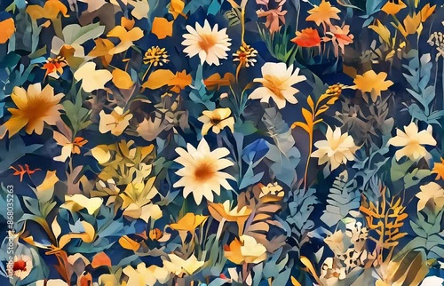 Mountain Floral Patterns Animation. Alpine Flowers Against Rocky, Rugged Backgrounds and Cool Tones. Animated Dynamic Video. photo