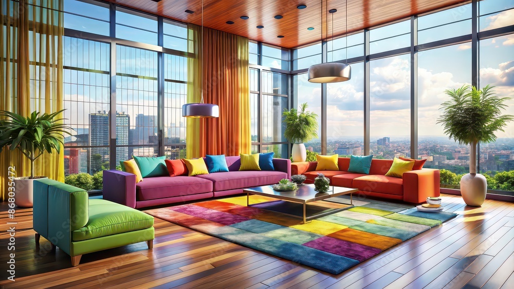 Fototapeta premium Luxurious modern interior with bright colors and large windows, luxury, modern, bright, interiors, room, rendering