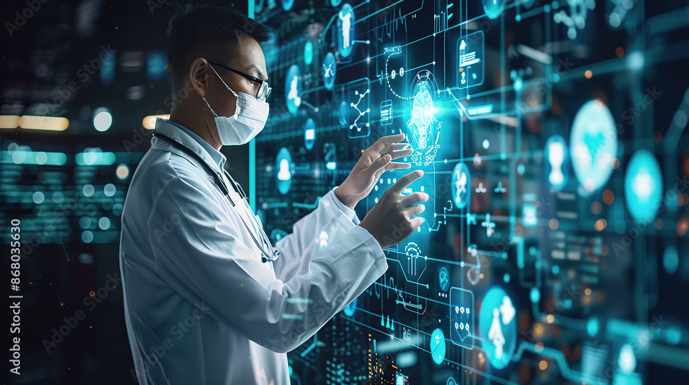 The doctor is touching the virtual screen The doctor is touching the virtual screen