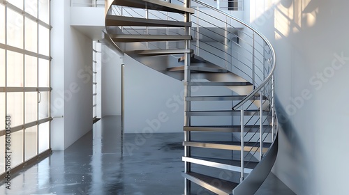 Compact spiral staircase with metal steps and railings, perfect for a small, urban loft with a modern industrial vibe. photo