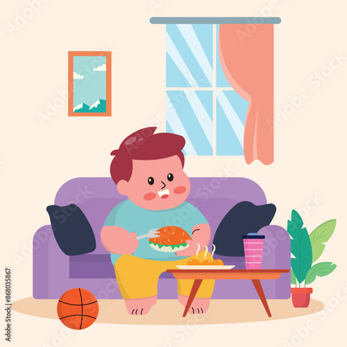 illustration of a fat little boy who likes to eat and is lazy, preferring to spend time at home