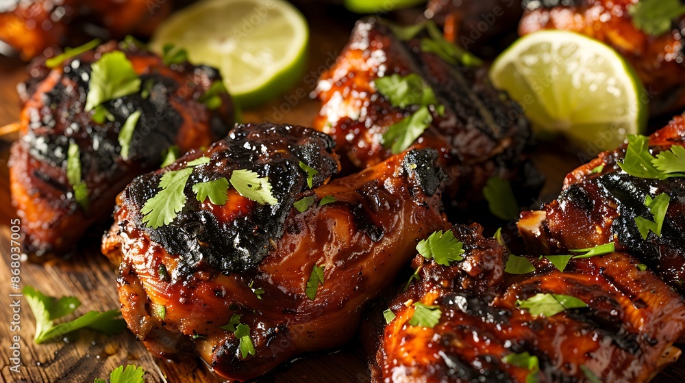 Close-Up of Juicy Caribbean Jerk Chicken with Spicy Marinade Close-Up of Juicy Caribbean Jerk Chicken with Spicy Marinade