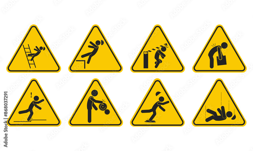 Bundle set triangle yellow safety industrial accident injury pictogram, fall, trip, wet floor, worker above Bundle set triangle yellow safety industrial accident injury pictogram, fall, trip, wet floor, worker above