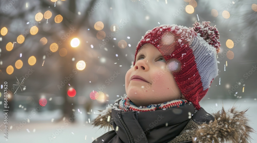 Child wonderment as they watch their first New Year fireworks display, their eyes wide with amazement and delight in a snowy park in front of firework display. Child wonderment as they watch their first New Year fireworks display, their eyes wide with amazement and delight in a snowy park in front of firework display.