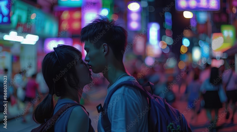 Young couple kiss in busy night market Young couple kiss in busy night market