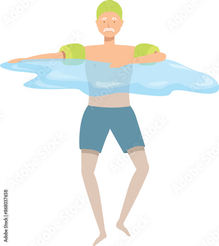Senior man wearing armbands enjoying water aerobics class, exercising in swimming pool
