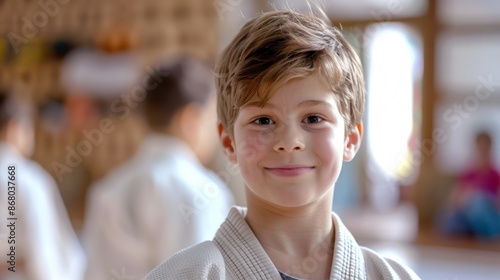 Happy European boy at Judo or Karate training lesson looking at camera. 