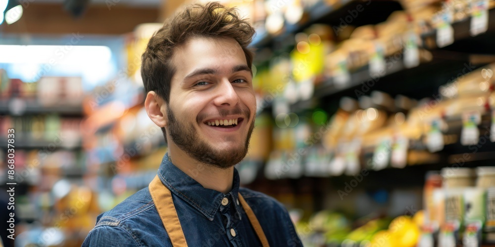 Smiling young male supermarket worker looking at the camera inside the grocery store. Smiling young male supermarket worker looking at the camera inside the grocery store.