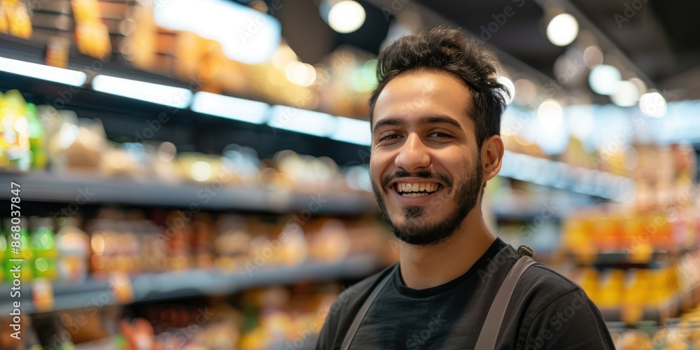 Smiling young male supermarket worker looking at the camera inside the grocery store Smiling young male supermarket worker looking at the camera inside the grocery store